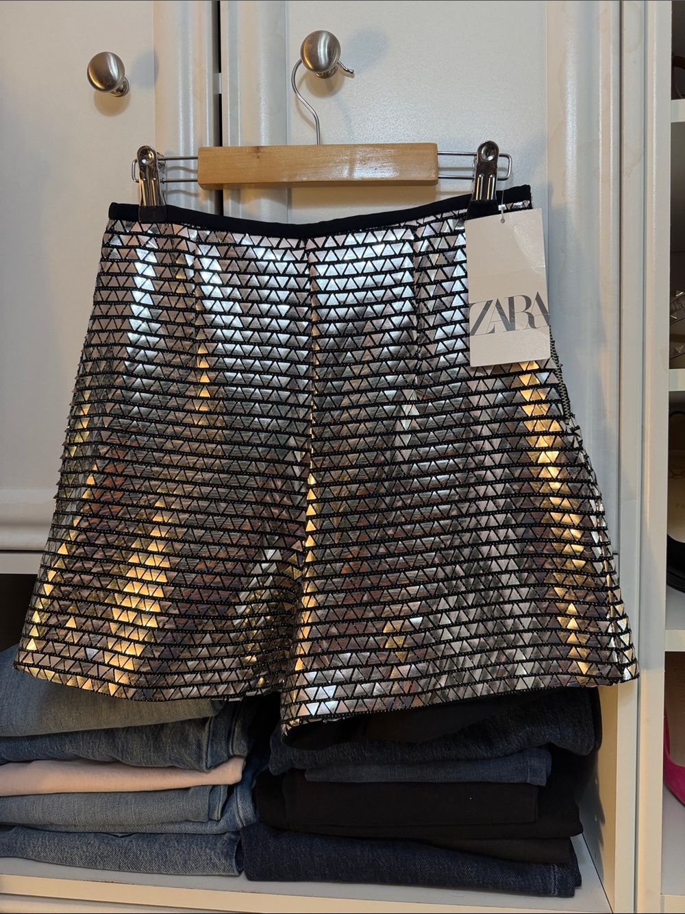 Zara Silver Mirrored Triangle-Stud Mini Shorts